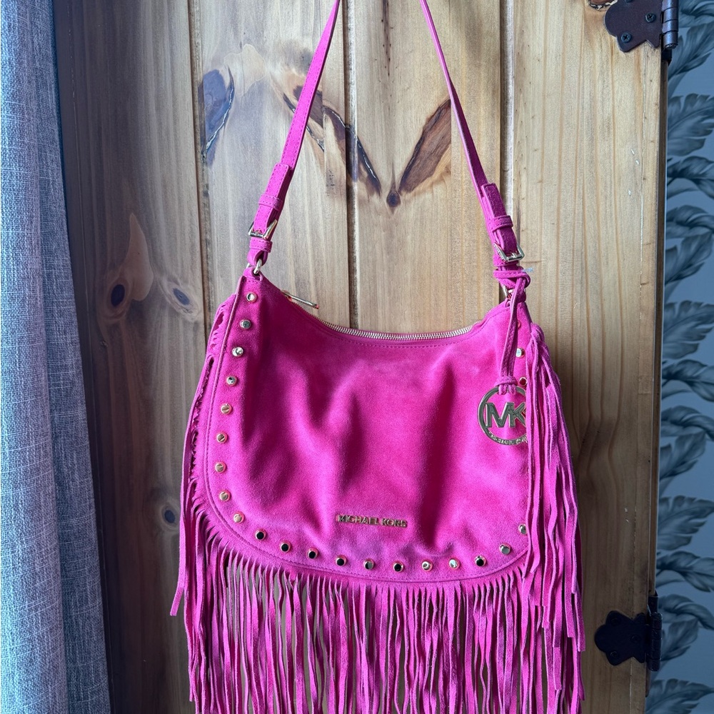 Like New - Michael Kors Suede Magenta Fringe Shoulder Bag